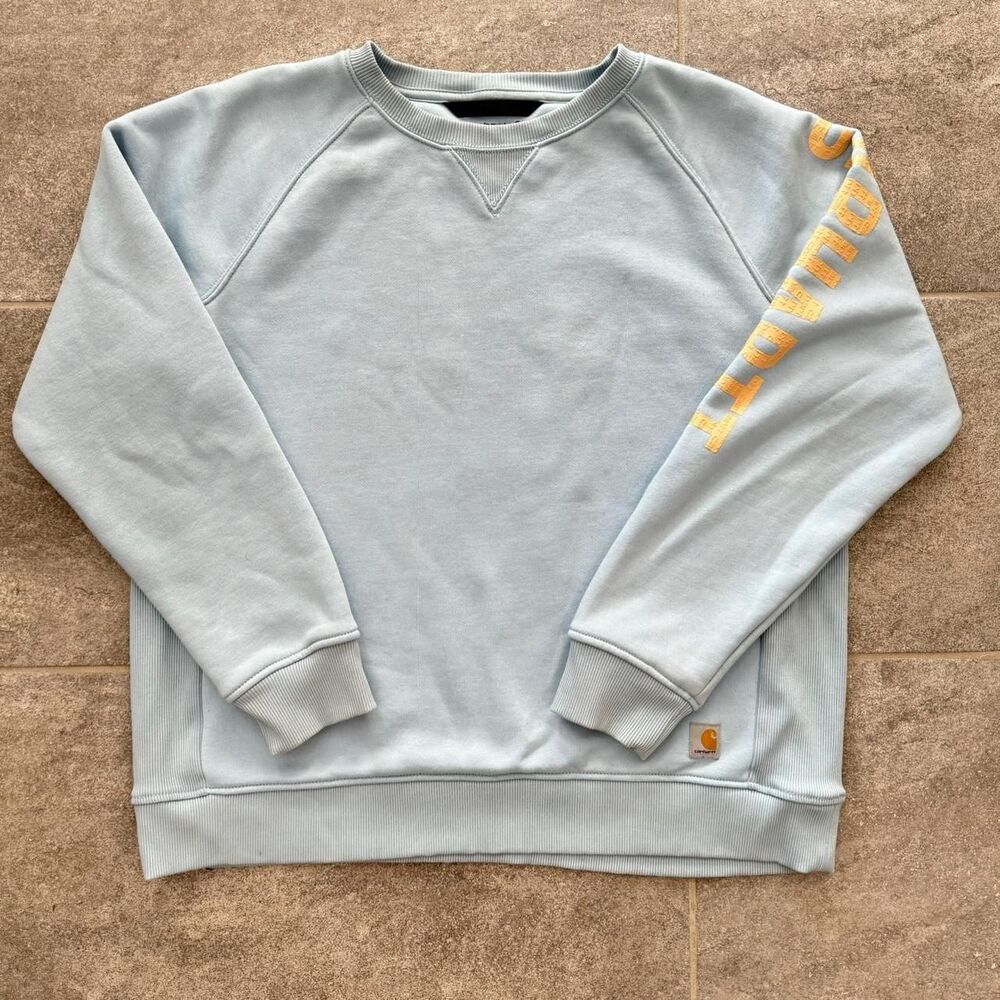 Carhartt Women's XL Light Blue Crewneck Sweatshirt Yellow Sleeve Logo Y2K